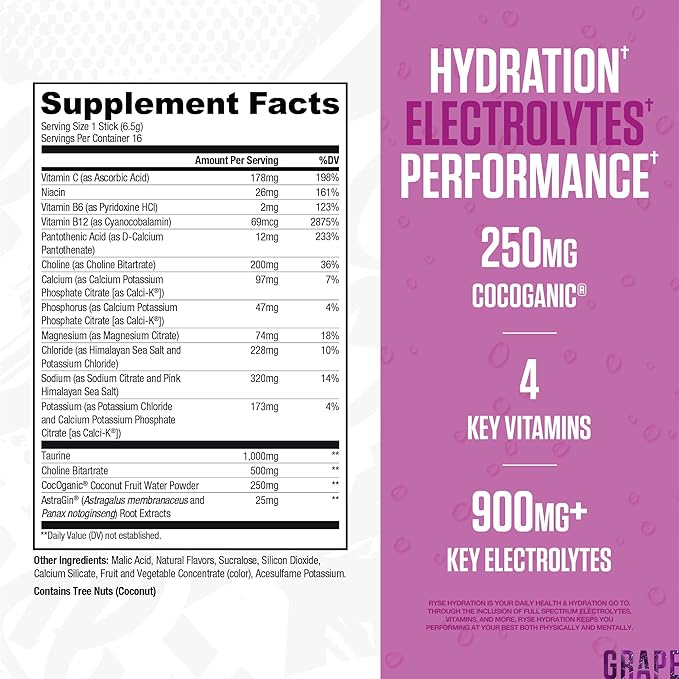RYSE Hydration Electrolyte Powder Drink Mix Packets - Kool-Aid Grape - Sugar-Free Full Spectrum Electrolytes with Essential Vitamins, Taurine and Choline for Rehydration - 16 Serving Sticks