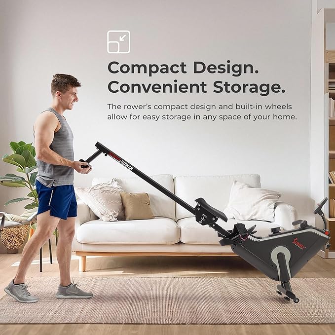 Sunny Health & Fitness Flip & Foldable Rowing Machine for Home w/Extended Slide Rail, Full-Body Workout, Low-Impact, Optional Extra Long Rail, Quiet Rail Cover, Water Motion and Free SunnyFit App-FlexoryFit