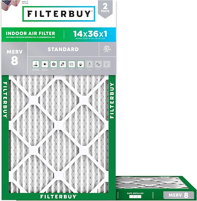 Filterbuy 14x36x1 Air Filter MERV 8 (MPR 700) Dust Defense Replacement (2-Pack), Electrostatic Pleated HVAC AC Furnace Filters, Made in USA (Actual Size: 13.50 x 35.50 x 0.75)