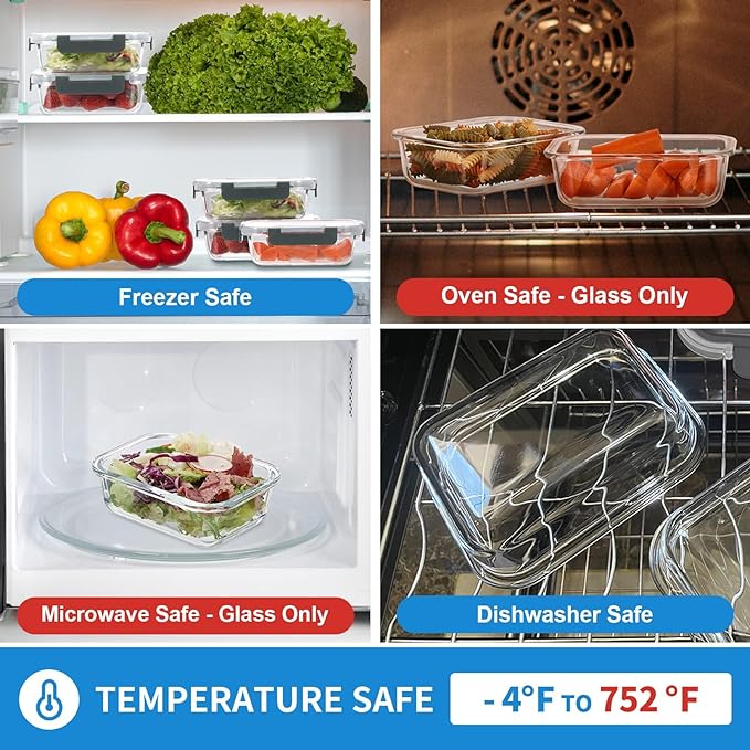 12 Pack 22oz Glass Meal Prep Containers, Food Storage Containers with Lids, Air-Tight, Leak-Resistant, Freezer to Microwave Safe - Grey Set-FlexoryFit