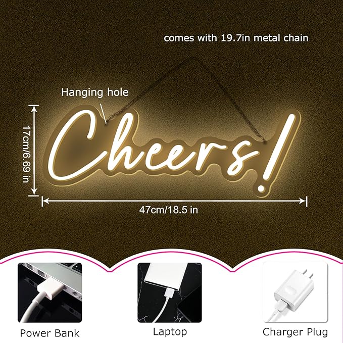Cheers Neon Sign for Wall Decor LED Neon Cheers Light Sign USB Powered Wall Neon Light up Sign for Party Wall Décor Party Light Home Room Christmas Club Bistro Decor 5v (Warm White)