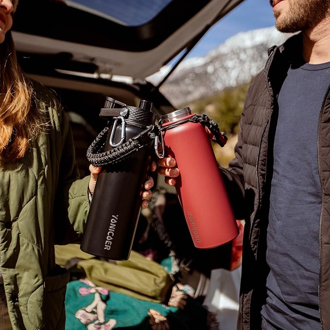 Insulated Water Bottle 64oz,Triple Wall Vacuum Stainless Steel(Dishwasher Safe),Leak Proof & Non-BPA,Flask Jug with Paracord Handle & Straw Spout Lids Sports-FlexoryFit