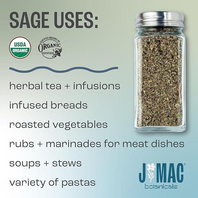 J Mac Botanicals, Organic Rubbed Sage (4 oz), Certified USDA Organic, Dried Rubbed Sage Leaf. Culinary Grade-excellent for sausage making, fresh Albanian harvest-FlexoryFit