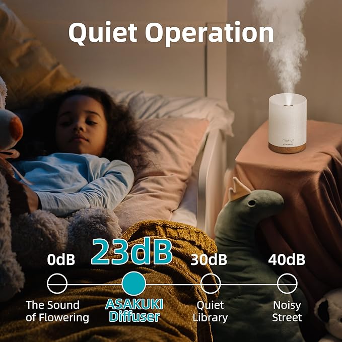 ASAKUKI Essential Oil Diffuser, Aromatherapy Cool Mist Home Humidifier with 7 LED Color Changing Light and Auto-Off Safety Switch, 8 Essential Oils Set, 300ml (Brown with Oils)