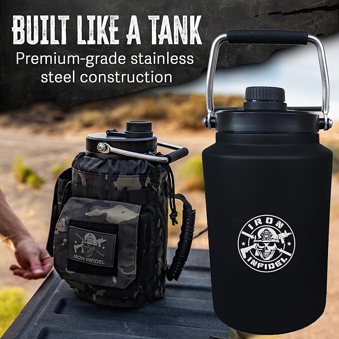 Iron Infidel Battle Bottle - One Gallon Insulated Water Bottle with Dual Carry Handles - 128 oz Tactical Stainless Steel Water Jug & Rugged Extra Large Sleeve With Storage (Black Camo 128 Ounces)-FlexoryFit