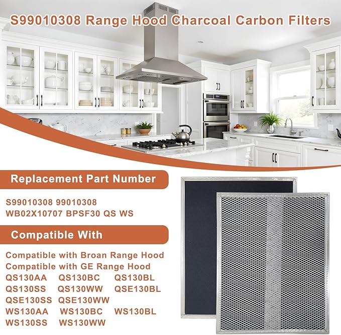 S99010308 Range Hood Charcoal Carbon Filters Replacement For Broan BPSF30 QS WS 99010308 And GE WB02X10707 Non-Ducted Range Hood,13.38 X 10.74 X 0.04 in Pack of 2