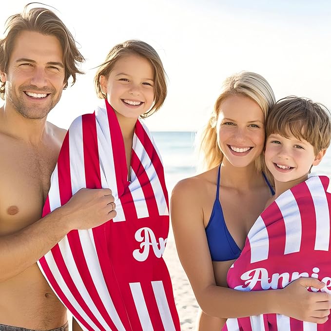 JML Personalized Beach Towel with Name, Custom Cabana Stripe Beach Towel, Customized Microfiber Pool Towel, Quick Dry & Absorbent Swim Towel for Adult,Mother's Day, Birthday, Summer Holiday,Vacation-FlexoryFit