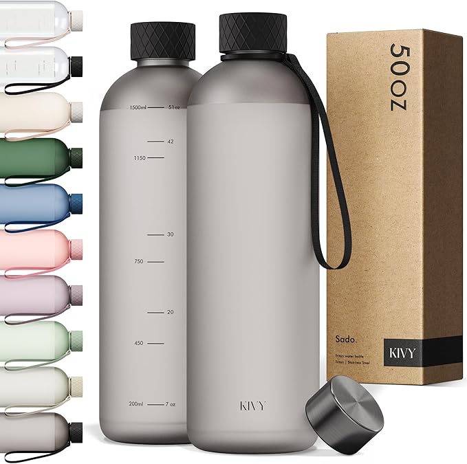 KIVY Large Water Bottle 50oz [Lightweight & Shatterproof] Fits Backpack & Cupholder for Travel, Sports, School - Black water bottle no straw - 1.5 Liter water bottles - 50oz Water bottle-FlexoryFit
