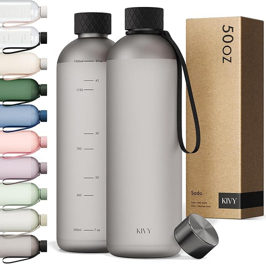 KIVY Large Water Bottle 50oz [Lightweight & Shatterproof] Fits Backpack & Cupholder for Travel, Sports, School - Black water bottle no straw - 1.5 Liter water bottles - 50oz Water bottle-FlexoryFit