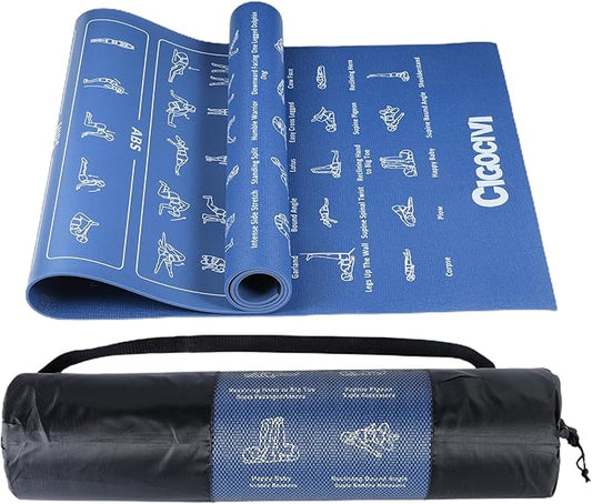 Instructional Travel Yoga Mat with 75 Poses & Exercises - Non-slip Exercise Mat for Home Workout, Includes Carrying Bag - Perfect for Beginners, 68"x24"x0.25"-FlexoryFit