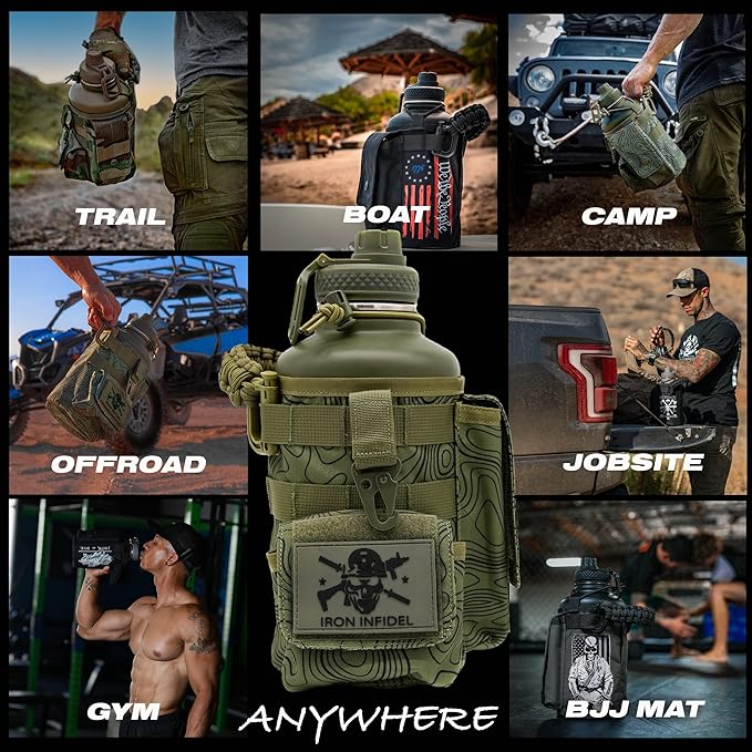 Iron Infidel Battle Bottle - Half Gallon Insulated Stainless Steel Water Jug with Handle - Gym Bottle for Men with Rugged Sleeve (Overland 2 Liter)-FlexoryFit