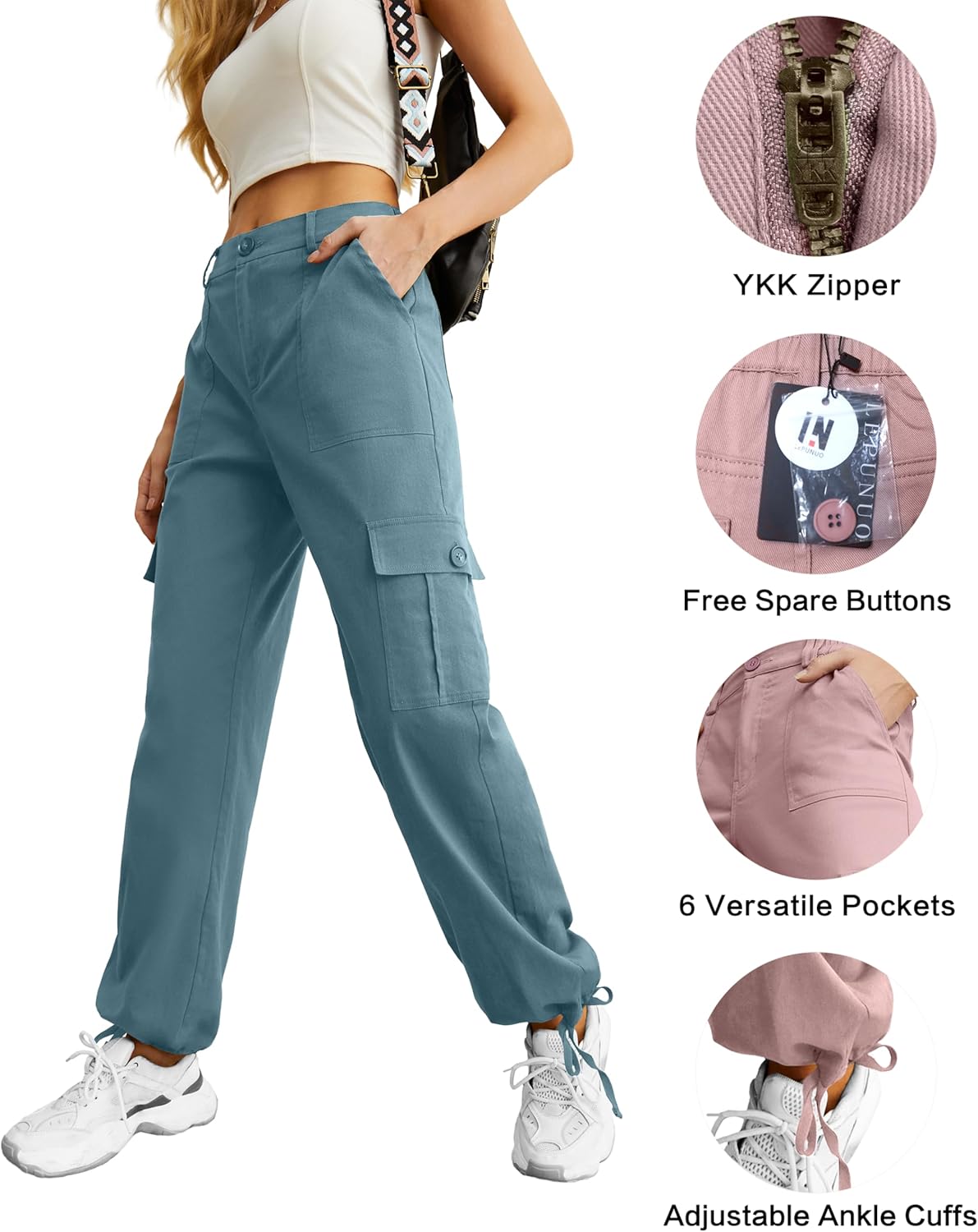 Lepunuo Women's High Waisted Cargo Pants Travel Y2K Streetwear Baggy Stretchy Pants with 6 Pockets Drawstring Ankle Cuffs