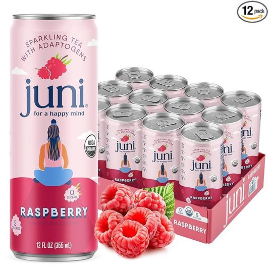 Juni Sparkling Adaptogen Drink with Ashwagandha, Lion’s Mane & Reishi Mushrooms | Green Tea for Focus, Zero Sugar, 5 Calories, Organic | Non Alcoholic Drinks - Raspberry 12 pack-FlexoryFit