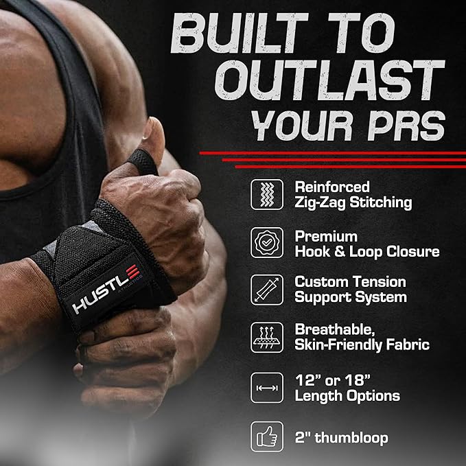 Hustle Athletics Wrist Wraps for Weightlifting – Max Wrist Support for Safe & Heavy Lifts, USPA Approved 18" & 12" Lengths, Thumb Loop Gym Straps for Powerlifting & Weight Lifting for Men and Women-FlexoryFit