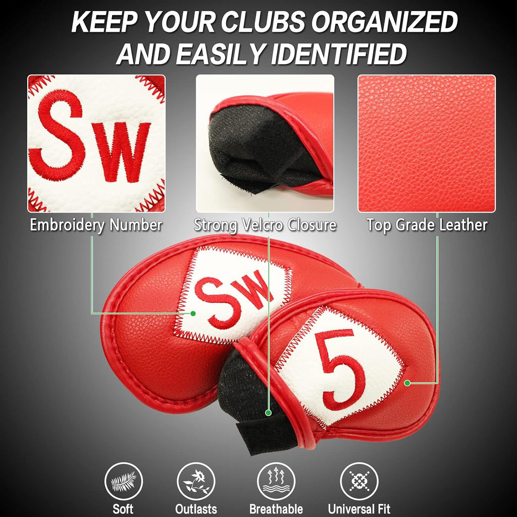 FINGER TEN Premium Synthetic Leather Stylish Iron & Wedge Golf Head Covers Value 12 Piece Set, Embroidered Labels & Fits Most Clubs Gift Set, Travel Protection Accessories
