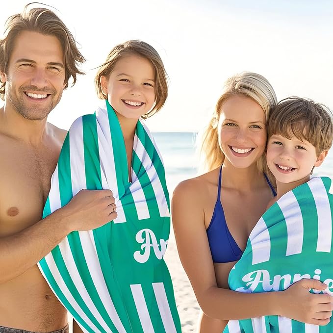 JML Personalized Beach Towel with Name, Custom Cabana Stripe Beach Towel, Customized Microfiber Pool Towel, Quick Dry & Absorbent Swim Towel for Adult,Mother's Day, Birthday, Summer Holiday,Vacation-FlexoryFit