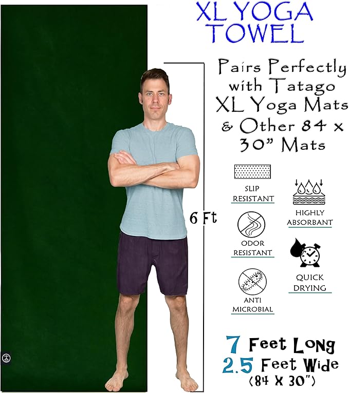 Tatago Hot Yoga Mat Towel Non Slip for Hot Yoga (72-84 inch Mats) Our Hot Yoga Towel Non Slip Silicone Dabs & Absorbent Microfiber Blend Gives You More Grip As You Drip! (Ezmeraldo, XL - 84")-FlexoryFit