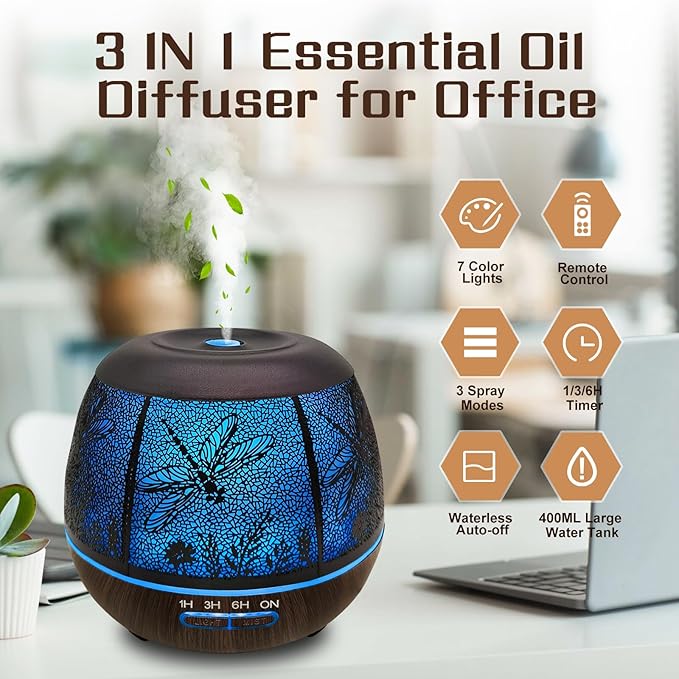 Essential Oil Diffuser for Bedroom 400ml,Diffusers for Home with R/C,Cool Mist Humidifier Large Room,Ultrasonic Scent Diffuser Waterless Auto Off,7 Colors Light & 3 Mist Modes for Desk Dragonfly