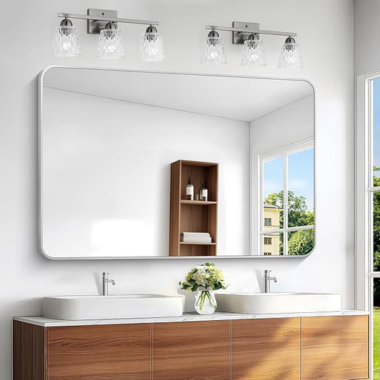 Silver Bathroom Mirror,55x36 inch Wall Mirror for Bathroom Wall Mounted,Rectangle Mirror for Bathroom Over Sink,Modern Frame Round Corner for Living Room,Bedroom Entryway,Horizontal/Vertical