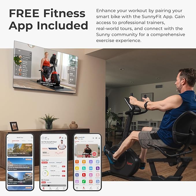 Sunny Health & Fitness Smart Heavy-Duty Recumbent Bike w/Wide Cushioned Seat & Back, Indoor Cycling Machine for Adult/Seniors Home Exercise, Free SunnyFit App Connect, Optional Workout Training Bands-FlexoryFit