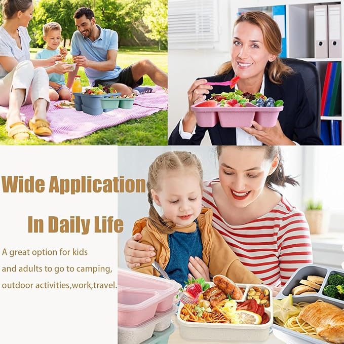15 PCS Bento Box, 4 Compartment Bento Box Adult Set, Wheat Straw Bento Lunch Box, Reusable Lunch Snack Box, Microwave, Dishwasher and Freezer Safe Meal Prep Containers for Work, School and Travel-FlexoryFit