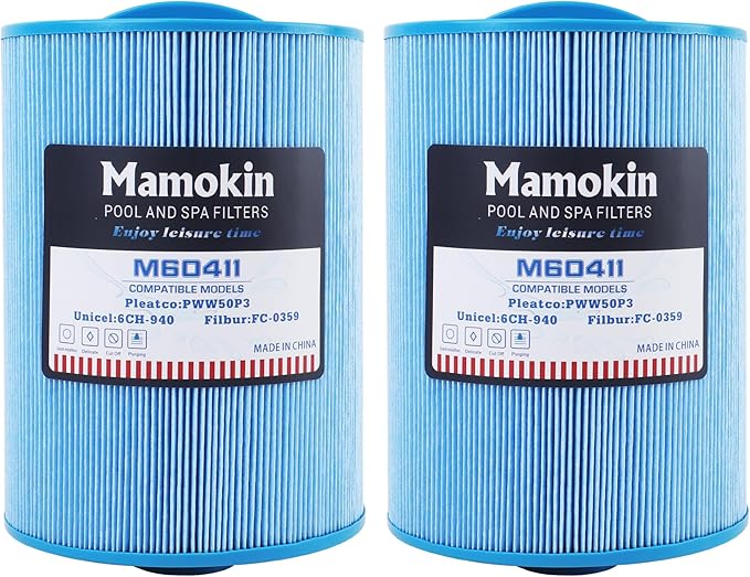 PWW50P3-M Spa Filter, Replaces Unicel 6CH-940RA，Filbur FC-0359M, 817-0050, 25252, 03FIL1400, PWW50P3-M(1 1/2" Coarse Thread),45 sq.ft Screw in Hot Tub Filter,L x OD:7 5/8"x 6" 2 Pack