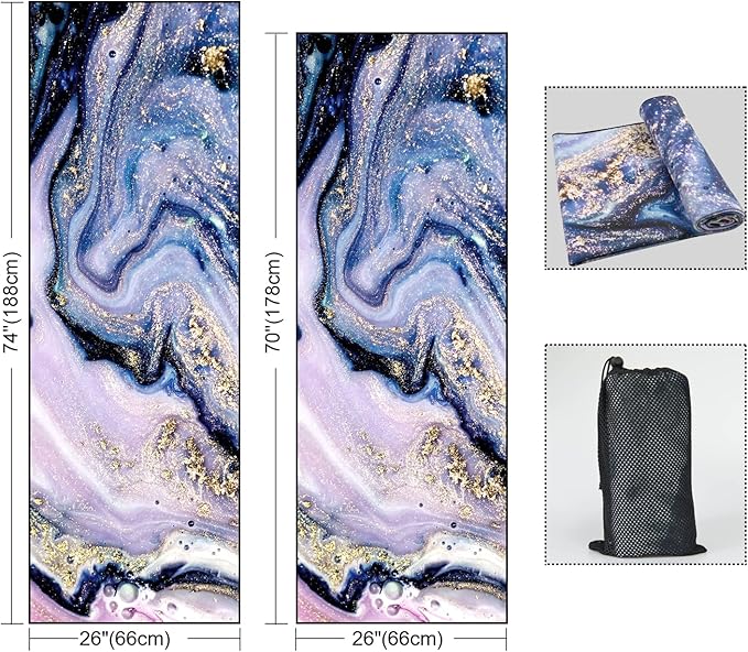 QiyI Yoga Mat Towel with Corner Pockets, Non Slip Sweat Absorbent Hot Yoga Towels, Soft Yoga Blankets with Travel Bag, Skidless Mat Cover for Workout, Gym, Fitness - 74"x26", Purple Gold Marble-FlexoryFit