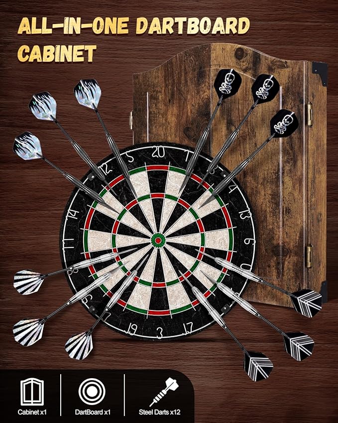 Sisal Dart Board Cabinet Sets, Decorative Dart Boards for Adults [6*Steel Darts] - Wooden Dartboard Cabinet with Integrated Scoreboard for Family Game Rooms