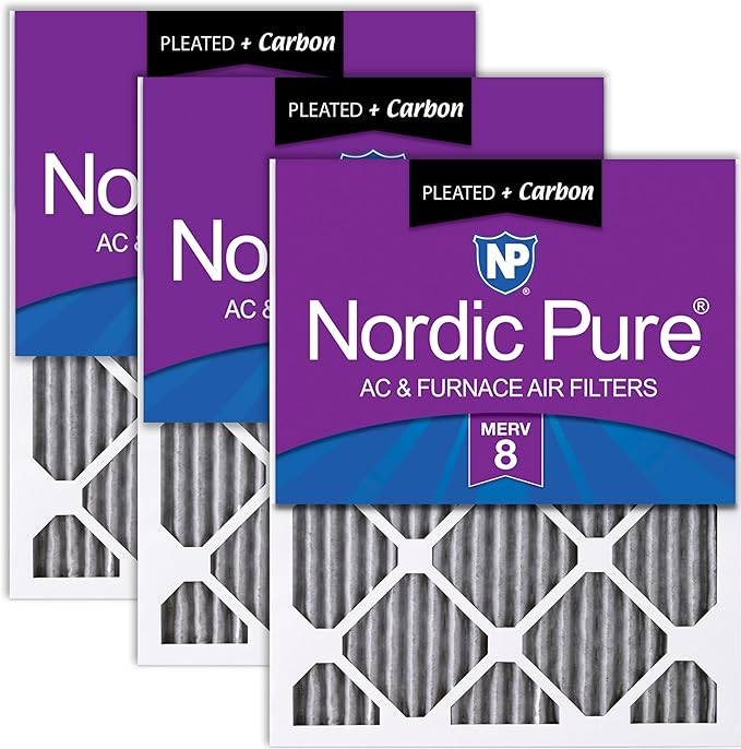 Nordic Pure 12x12x1 (11 3/4 x 11 3/4 x 3/4) Furnace Air Filters MERV 8 Pleated Plus Carbon 3 Pack