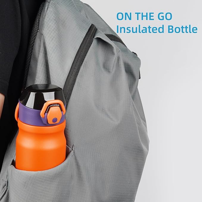Insulated Water Bottle with Straw and Carry Loop,18 oz Stainless Steel Double Wall Vaccum Metal Water Flask with Leak-proof Lid,Orange-FlexoryFit