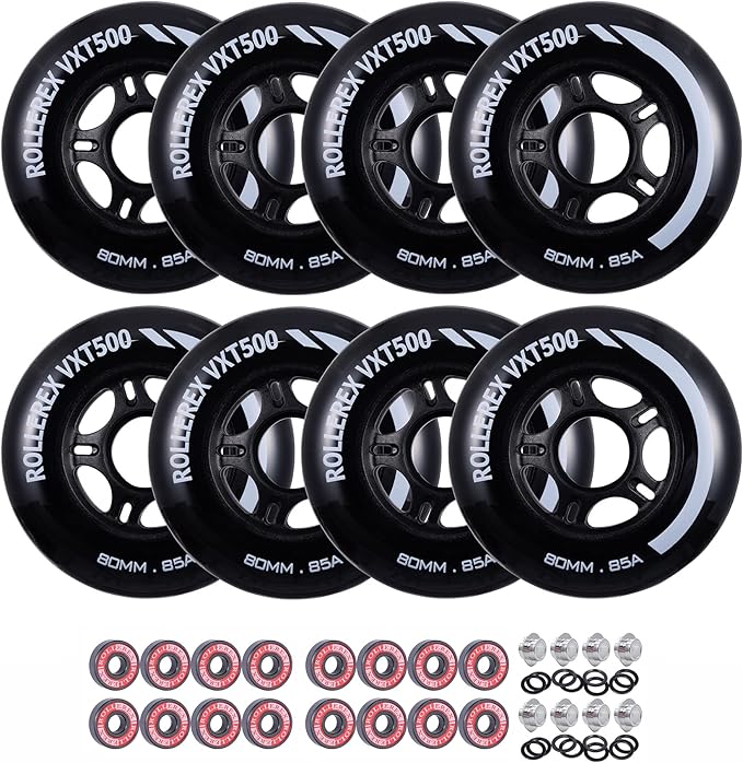 Rollerex VXT500 Inline Skate Wheels (8 Wheels w/Bearings, spacers and washers) (Various Size & Color Options Available) - for Indoor, Outdoor, Hockey - Intended for Roller Blade Wheel Replacement-FlexoryFit