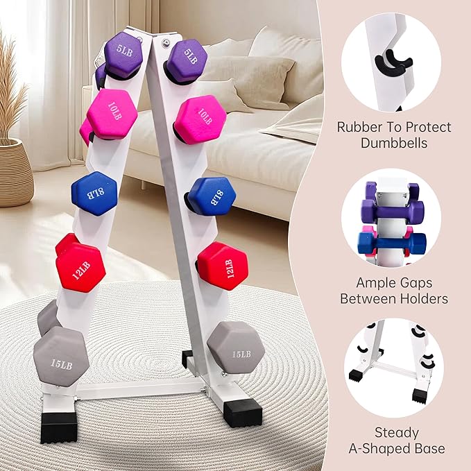 6-10 Pair Iron and Rubber Dumbbell Set 350/450 and 550 lbs 5-50 lbs Hand Free Weight for Strength Hex Coated Weights with Vertical Storage Rack Home Gym 5-50 lb - Black-FlexoryFit