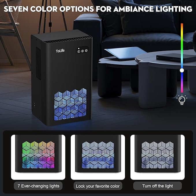 ToLife Dehumidifier for Bedroom Bathroom Basements, Dehumidifier with 2 Working Mode, Auto Shut Off, 7 Colors LED Light, Black