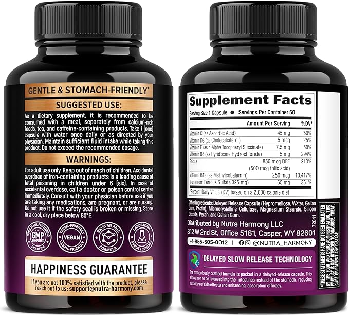 Iron Supplement for Women - Iron 65mg (Ferrous Sulfate 325mg) - Stomach Friendly | Slow Release Iron | High Absorption - Vitamins C, D3, B6, B12 & Folate - Iron Level & Energy Support - 60 Capsules-FlexoryFit