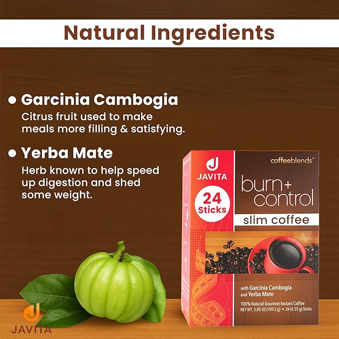 Javita Burn + Control Instant Coffee w Weight Management Herbs: Garcinia Cambogia & Yerba Mate - Slim Coffee with Help of Exercise, Keto Coffee for Diet Support, 1 box - 24 (4.55g) Sticks-FlexoryFit