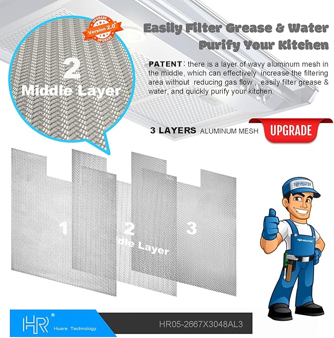 Upgraded W10169961A Range Hood Filter Replacement, Fits Whirlpool, Ikea, Kitchen Aid, Jenn Air, Aluminum Mesh Hood Grease Filter 10.5x12Inch, HR Huare Technology Aluminum Range Hood Vent Filters,3PCS