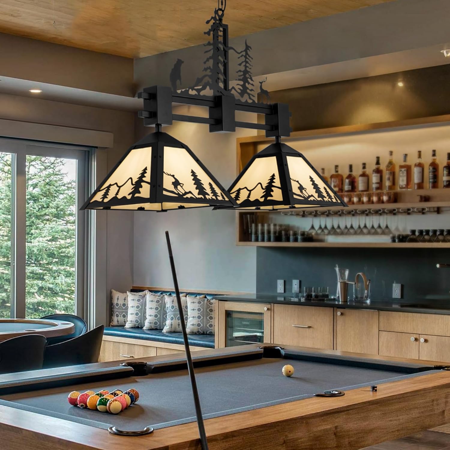 TOCHIC Pool Table Light 33''L, 2 Lights Hanging Billiard Light Fixture Overhead for Pool Billiard Table Rustic Black Chandelier Pendant Light for Dining Room, Kitchen, Game Room