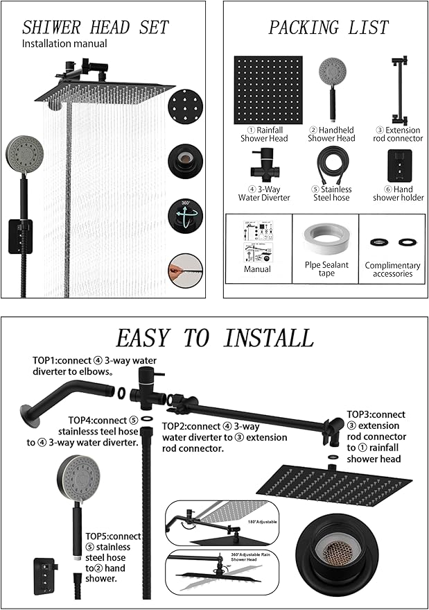 Shower Head with Handheld Combo 10" Chrome High Pressure Rain Shower Head 11" Adjustable Extension Arm and 5 Settings Adjustable SUS 304 Handheld Showers with 59" Hose, 2-in-1 Shower Holder
