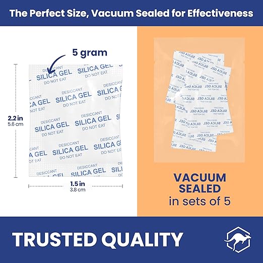 Wallaby 5 gram (50 Packets) Food Safe Pure White Silica Gel Desiccant Dehumidifier Packs - Rechargeable & Coated Moisture Absorbers - Protects Against Moisture Damage - (Packed in 10x Sets of 5)