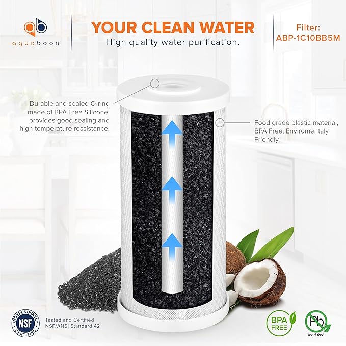 Aquaboon 5 Micron 10 x 4.5 Premium Carbon Filter Cartridge Whole House CTO Block Water Filter Replacement Compatible with FXHTC, CB-BB-10, 4-Pack