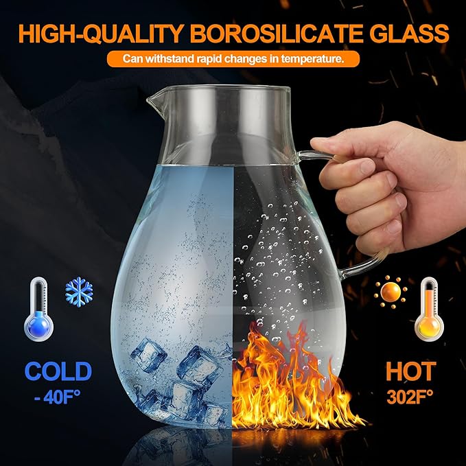 Glass Pitcher with Lid,1 Gallon Glass Water Pitcher Hot/Cold Water Jug, 128oz Juice and Iced Tea Beverage Carafe with Lid (Extra-Wide Mouth)
