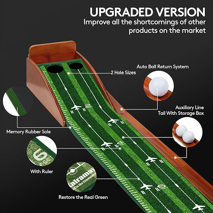 Putting Green Indoor Golf Putting Mat – Easy to Assemble with Automatic Ball Return, Wrinkle-Free Close to Real Green Speed, Suitable for Office, Recreation Room, Patio – Ideal Gift
