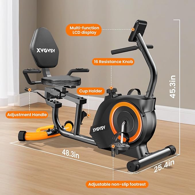 Recumbent Exercise Bike for Home Use, Quiet Recumbent Stationary Bikes for Adults & Seniors, 16-Level Resistance, Adjustable Seat, Supports 400LB, Pulse Sensors & LCD Display
