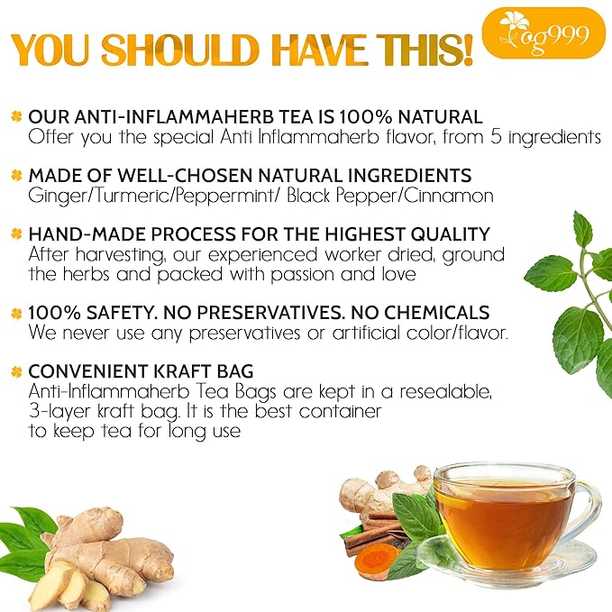 120 Tea Bags - Anti-Inflammaheb Loose Leaf Tea, 100% Natural from Ginger, Turmeric, Peppermint, Black Pepper, Cinnamon. Made with Natural Material Tea Bags. No Sugar, No Caffeine, No Gluten, Vegan.-FlexoryFit