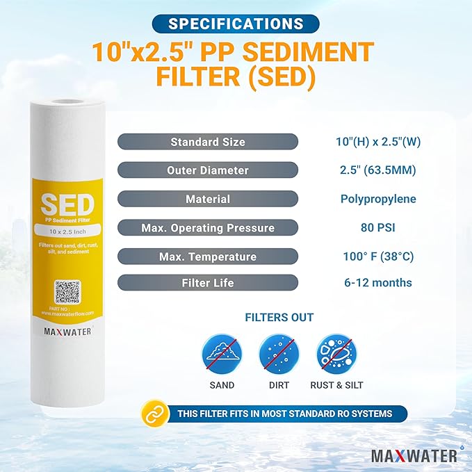 Max Water 10 inch x 2.5 inch, 5 Micron Replacement Sediment Water Filter Cartridge for Whole House, Melt Blown Filtration Fiber for P5, AP110, WHKF-GD05, 25- Pack