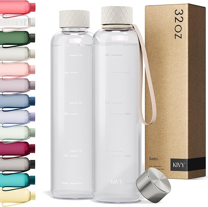 KIVY Slim Water Bottle 32oz [Lightweight & Shatterproof] Fits Backpack & Cupholder for Travel, Sports, School, Gym - Clear water bottle with measurements - Transparent Tritan Beige - Dishwasher Safe-FlexoryFit