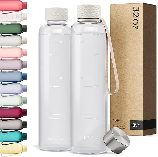 KIVY Slim Water Bottle 32oz [Lightweight & Shatterproof] Fits Backpack & Cupholder for Travel, Sports, School, Gym - Clear water bottle with measurements - Transparent Tritan Beige - Dishwasher Safe-FlexoryFit
