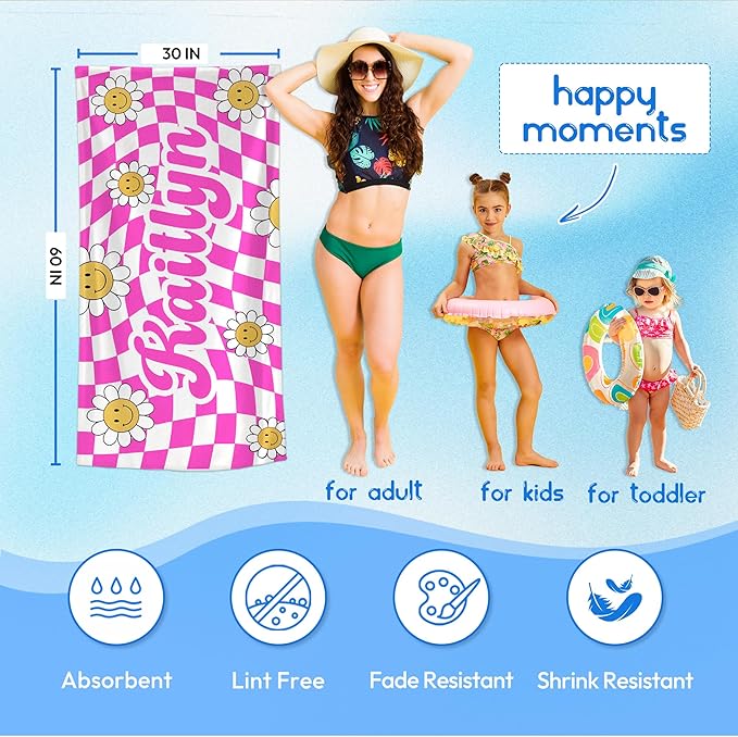 JML Personalized Beach Towel with Name, Custom Flower Beach Towel, Customized Microfiber Pool Towel, Quick Dry & Absorbent Swim Towel for Adult,Anniversary, Birthday, Summer Holiday,Vacation-FlexoryFit