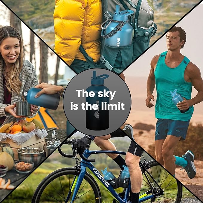 Insulated Water Bottle 87 oz, Triple Wall Vacuum Stainless Steel(Cold for 48 Hrs),Leak Proof & BPA-Free,Half Gallon Water Bottle with Reflective Paracord & Flip Straw for Sports & Travel, Indigolack-FlexoryFit
