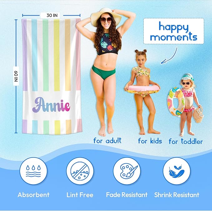 JML Personalized Beach Towel with Name, Custom Rainbow Cabana Stripe Beach Towel, Customized Microfiber Pool Towel, Quick Dry & Absorbent Swim Towel for Adult,Anniversary, Birthday, Summer Holiday-FlexoryFit